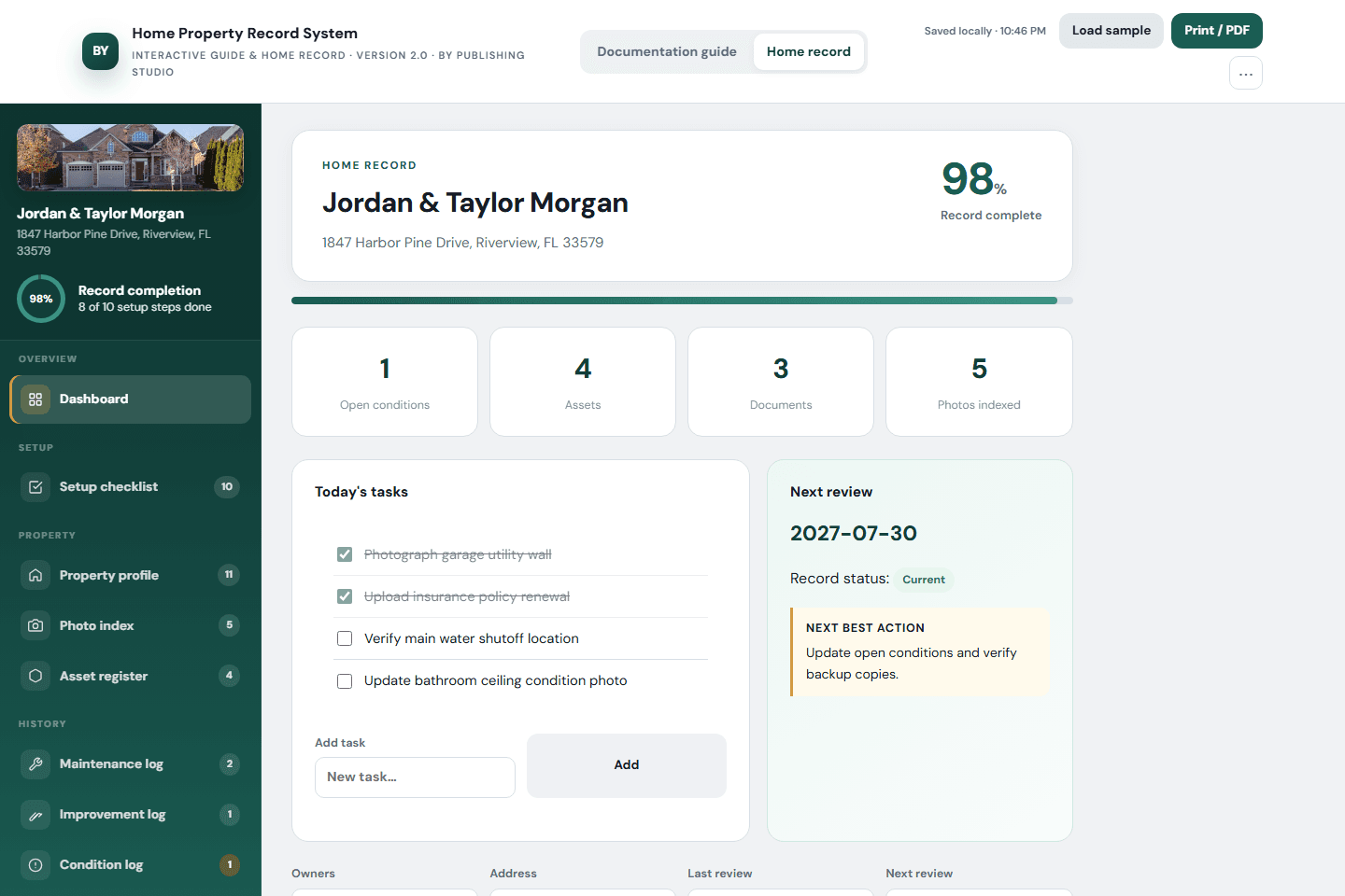 Home Property Record System documentation guide overview with chapter navigation